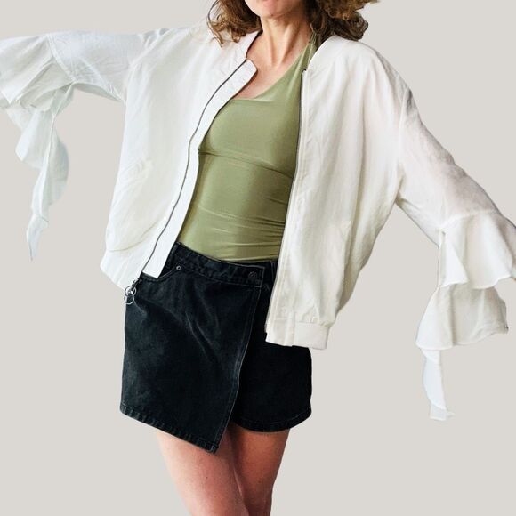 NWT‎ CQ by CQ Ivory Linen Blend Ruffle Bomber Jacket Size L Double Zipper - Picture 2 of 8